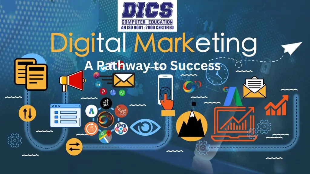 Digital Marketing course poster by DICS Computer Education with visuals of SEO, email marketing, Google Ads, and analytics under the tagline “A Pathway to Success.”