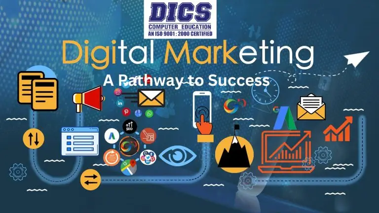 Digital Marketing course poster by DICS Computer Education with visuals of SEO, email marketing, Google Ads, and analytics under the tagline “A Pathway to Success.”
